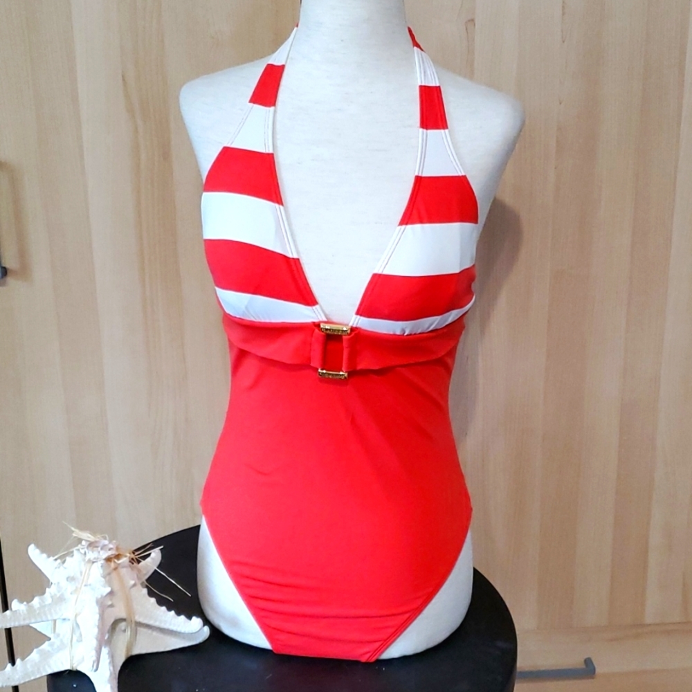 Lauren Ralph Lauren Size 10 Red Orange /White Stripe One Piece Halter Swimsuit.